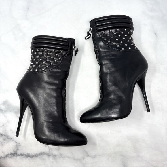 Giuseppe Zanotti Studded Quilted Leather Zipper Stiletto Heeled Boots Black 37.5 - Picture 1 of 14